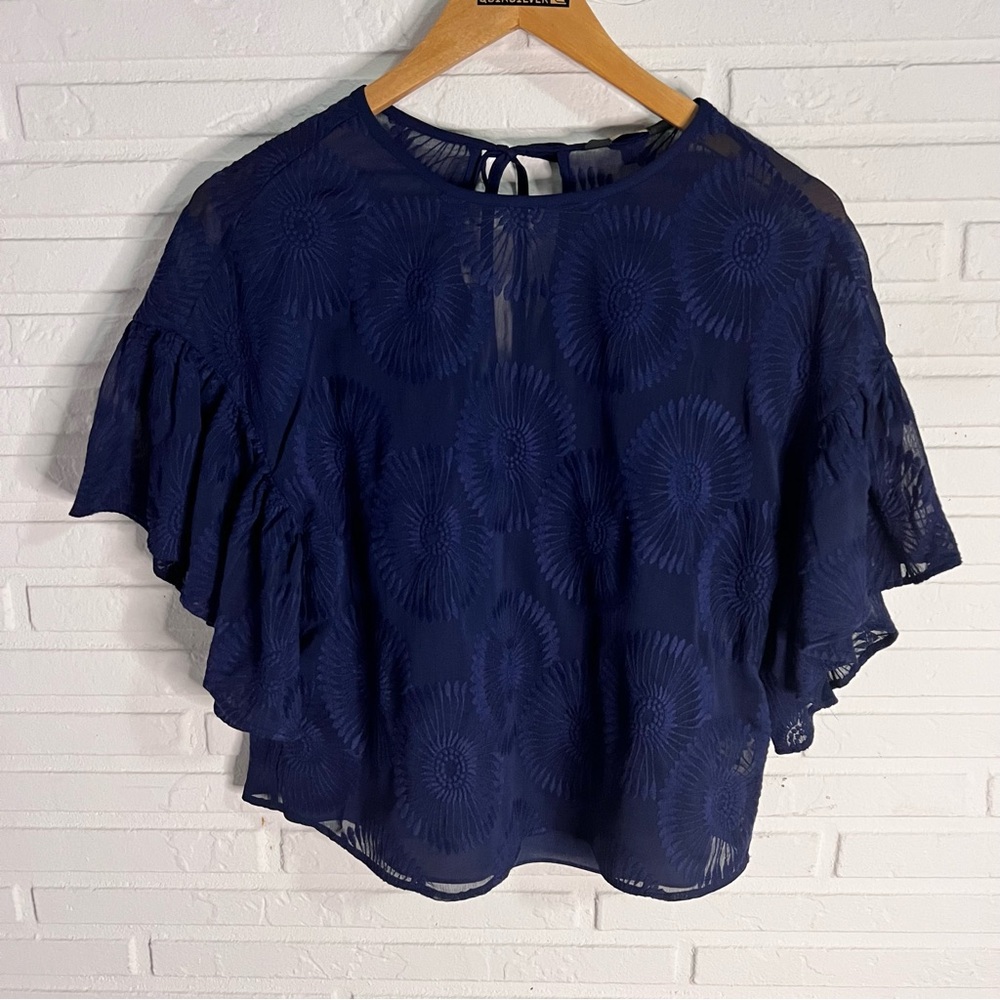 TED BAKER Navy Blue Brionni Embroidered Flare Sleeve Blouse, Women’s Size 2